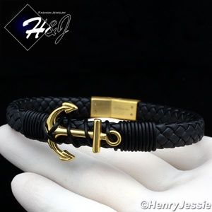 8.25"Black/Gold Anchor Braided Leather Bracelet*87